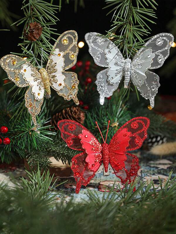 3 Peças Decoração de Natal Borboleta Enfeites de Árvore de Natal, Borboletas Artificiais Brilhantes para Decoração de Cena de Feriado