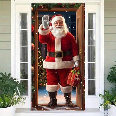 1 pieza Bandera de puerta 2D de poliéster con diseño de Papá Noel para decoración navideña de pared, sin necesidad de electricidad, apta para uso interior/exterior, suministros para fiestas