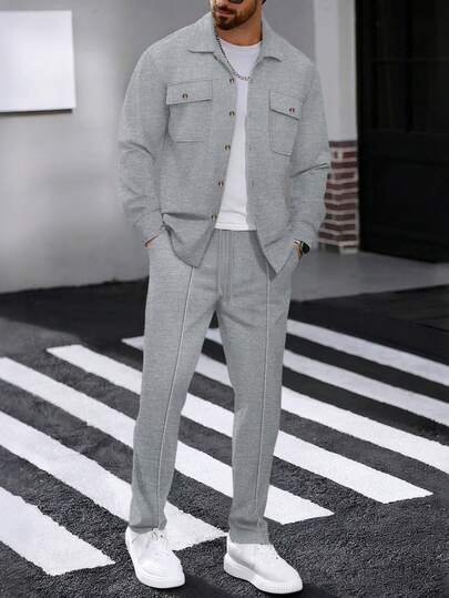 2 pièces Ensemble chemise décontractée unie pour hommes avec deux poches et col + pantalon, tenue légère et sportive pour les vacances, printemps/automne