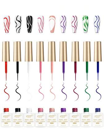 9pcs/Set 15ml Nail Gel Liner Pens, 3D Effect Gel Nail Polish, Fine Brush, DIY Nail Salon Design At Home, Gift For Girls