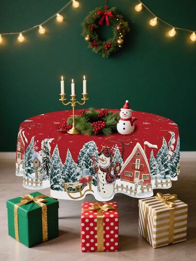1 件圣诞主题派对装饰圆桌布、圣诞花环雪人图案派对餐桌装饰圆桌布、圣诞主题派对餐桌装饰用品、圣诞家居装饰、节日圣诞派对装饰桌旗、圣诞餐厅客厅装饰桌布、圣诞装饰品、圣诞礼物、2026 新年装饰