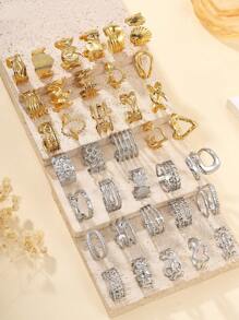 24pcs Stainless Steel Fashion Retro Golden Oil Pressure Ring Mixed Styles, Ring Styles Are Random, Finger Size Is One Size, Suitable For Women's Daily Dress Or Gift