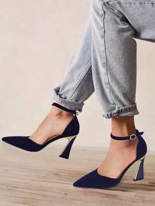 Womens Pumps Point Closed Toe Heels Buckle Ankle Strap D'Orsay Heeled Sand - 藏蓝色 - 查看 3