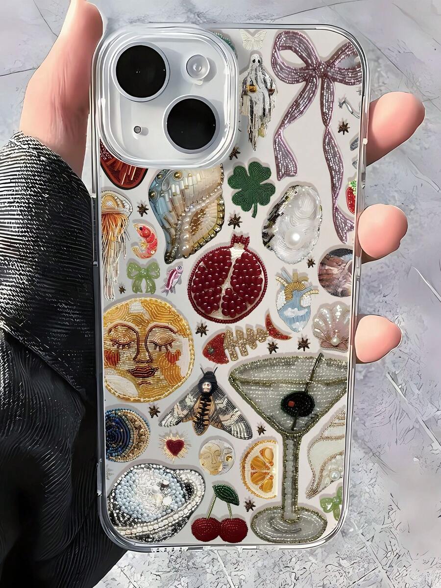 1件装时尚鸡尾酒拼贴图案透明TPU防指纹手机壳，兼容 16 Pro Max/16/16 Pro/16 Plus/11/15/15 Pro/15 Pro Max/12/13/14 Pro Max/XS/XR/11 Pro/11 Pro Max/12 Pro/12 Pro Max/13 Pro/13 Pro Max/7 Plus/14 Pro/14 Pro Max/14 Plus/7 Plus/8 Plus/8/SE2/12 Mini/13 Mini，软壳，防黄变，防水，防震，防摔，防刮。 - 彩色 - 查看 1