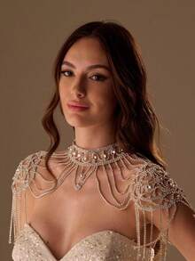 Joyas glamurosas con borlas para el hombro, collar de cadena con brillantes diamantes de imitación, accesorio de boda, pieza llamativa para desfiles de moda, joyería de alto rendimiento para mujer. - Dorado - Ver 2