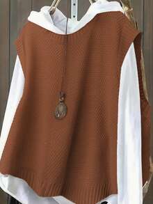 Áo len cổ tròn màu trơn thường ngày cỡ lớn - Rỉ Nâu - Xem 2