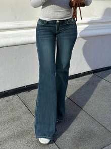 Fashionable & Elegant Women's Slim Fit Double-Breasted Design Flare Leg Jeans, Slimming - Dark Wash - View 2