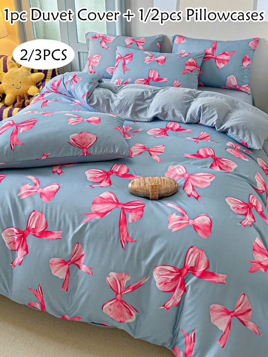 2/3 件蓝色蝴蝶结图案数码印花羽绒被套，适合所有季节的可爱床上用品套装，卧室装饰，柔软透气，可机洗（1 个羽绒被套 + 1/2 个枕套，无填充物）