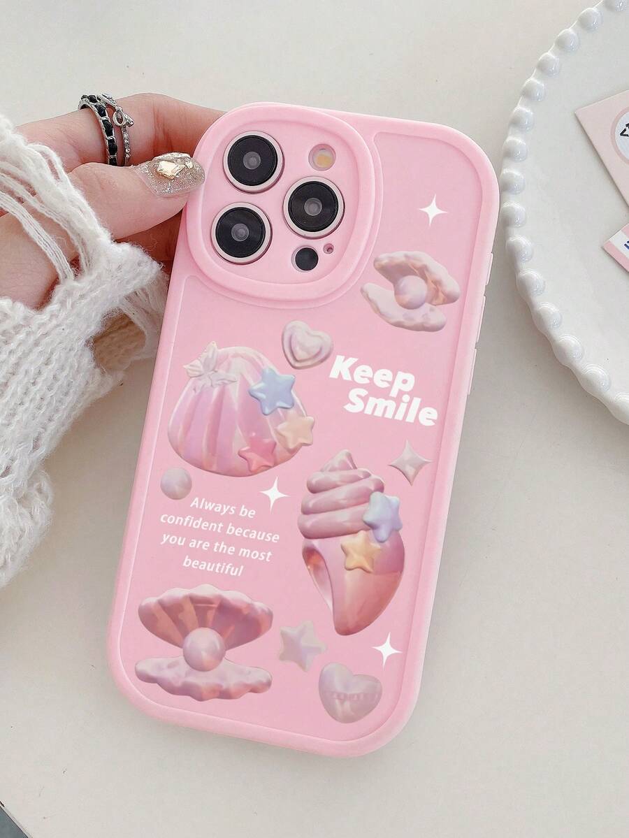 Ins Sweet Dream + Shell Faux Pearl Print Cute Pink Shell Star "Keep Smile" Print Daily Protective Beach Vacation Phone Case, Minimalist TPU Matte Anti-Fingerprint Niche Creative Full-Wrap Soft Shell Pink Phone Case, Phone Protective Cover, Compatible With Samsung Phones, Compatible With Iphone 13 Protective Case Compatible With IPhone 13, IPhone Protective Case, Compatible With Samsung Galaxy Phones, Cover, Compatible With Iphone Protective Case Compatible With IPhone 16 Pro Max - Multicolor - View 1