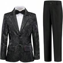 Teen Boy Jacquard Tuxedo 3 Piece Suit Set - Bow Tie Included For Wedding Prom - Hitam - View 1