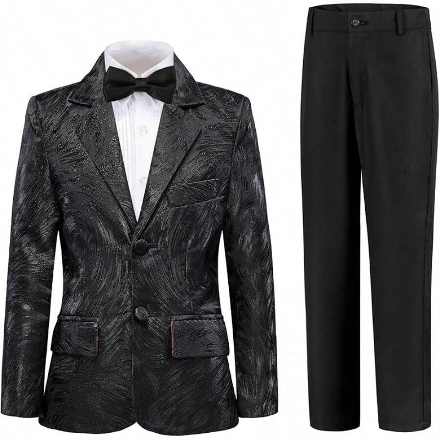 Teen Boy Jacquard Tuxedo 3 Piece Suit Set - Bow Tie Included For Wedding Prom - Hitam - View 1