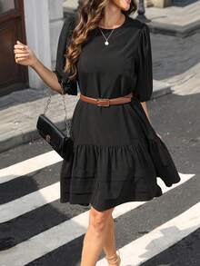 Women's French Style Casual Peplum Dress, Summer Round Neck Solid Color Midi Dress