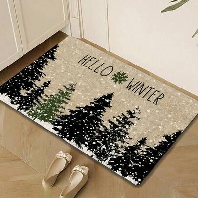 Merry Christmas & Hello Winter Festive Doormat - Non-Slip, Machine Washable Polyester Rug For Indoor/Outdoor Use - Perfect For Entryway, Bedroom, And Outdoor Decor - Holiday Home Accessory Bathroom Kitchen Decor Kitchen Rug