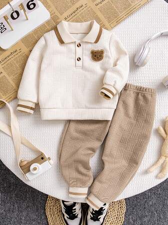 Bhchntiy Conjunto de moda casual de 2 piezas para bebé niño: sudadera con cuello de oso de punto de unicolor y jacquard, y pantalones de jacquard de unicolor para otoño/invierno