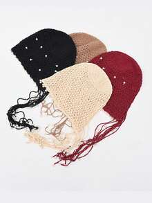 1 pieza Gorro de punto grueso hecho a mano con calado, gorro de punto con borlas cálido, accesorio de moda para mujer, adecuado para invierno, estilo bohemio, 4 de julio, conjunto madre-hija, Halloween, vacaciones