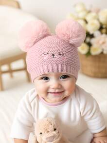 2 pezzi Cappellino neonato/bambino con doppia pallina, occhi chiusi e viso sorridente ricamato, berretto in maglia per neonati, bambini piccoli, inverno caldo cappello in maglia per bimbi e bimbe - Multicolore - Visualizzare 3