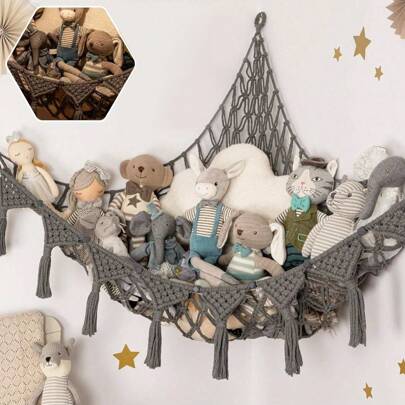 Tinabless 1 件超大号毛绒动物收纳网或吊床，适用于小型或大型毛绒玩具。灰色毛绒玩具收纳架