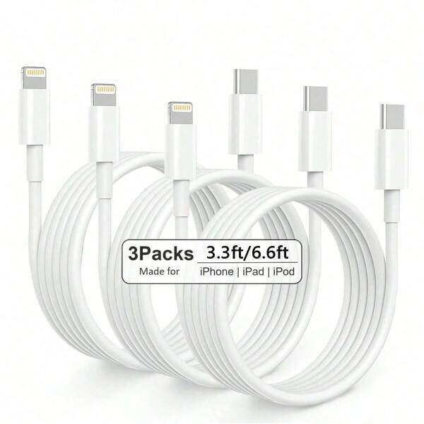 Cabo de carregamento rápido tipo C para Lightning, 1/3 unidades, 3,3 pés/6,6 pés, compatível com Apple 14, 13, 12, 11 Pro Max, XR, XS, X, 8, 7, 6 Plus, SE, iPad Mini, com certificação Nan MFi