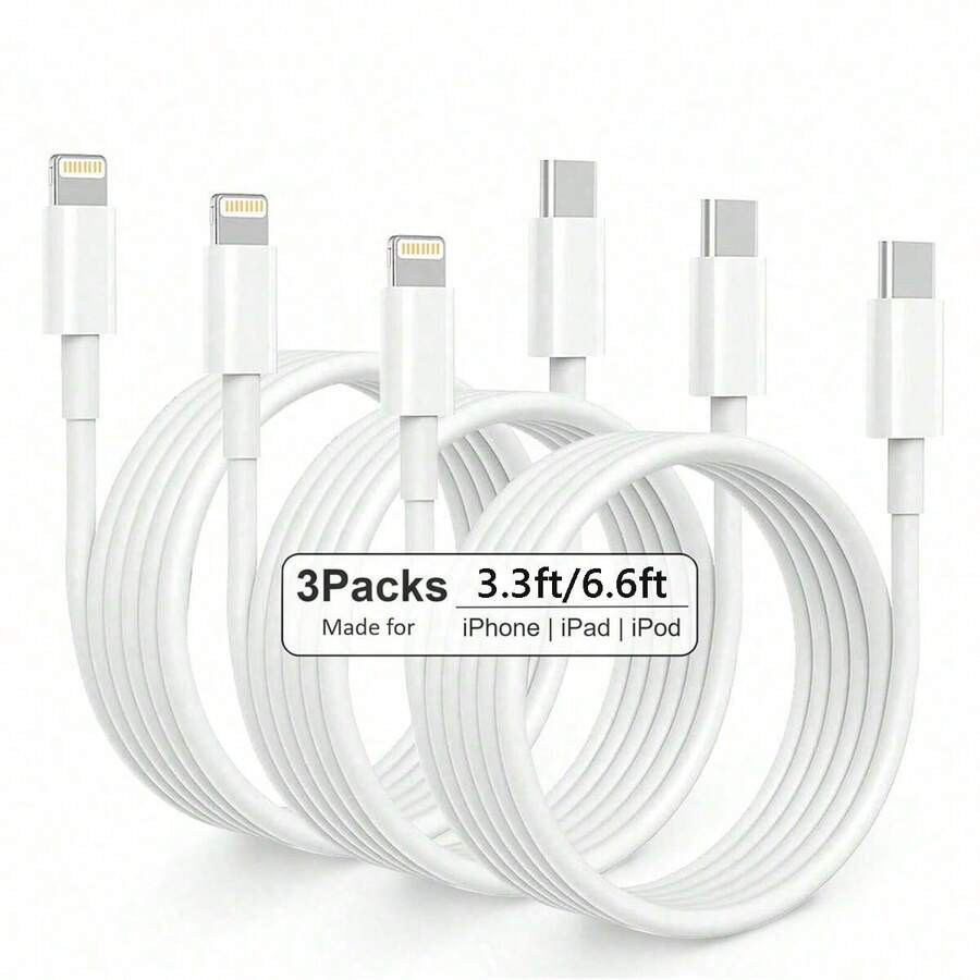 1/3 件 3.3 英尺/6.6 英尺 Type-C 转 Lightning 快速充电线，兼容 Apple 14 13 12 11 Pro Max XR XS X 8 7 6 Plus SE iPad Mini Nan MFi 认证 - 白色 - 查看 1