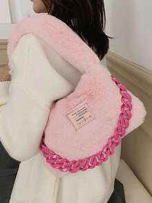 纯色毛绒单肩包，链条装饰，时尚风格 - 彩色 - 查看 8