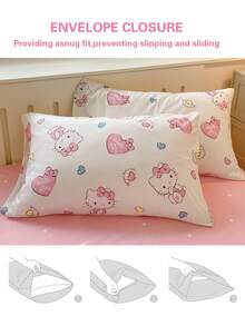 SANRIO 可爱印花 2/3 件床上用品套装 - ///（1 件羽绒被套 + 1/2 件枕套，无填充物）卡通全尺寸，柔软舒适，适合宿舍、家庭卧室、酒店、所有季节，带拉链开合和枕套，多色耐用，超大床上用品，超大羽绒被套套装 - 心跳kt貓 - 查看 5