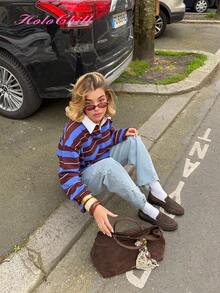 HoloChill 女士撞色领条纹休闲长袖套头针织衫，夏季休闲款，春夏新品 - 棕色 - 查看 5