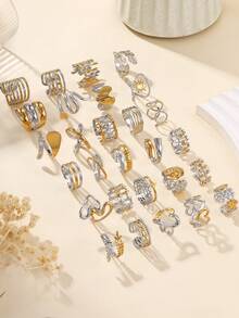 24件不锈钢时尚复古金色油压戒指混合款式，戒指款式随机，手指尺寸均为均码，适合女性日常装扮或送礼 - 漸金色 - 查看 2