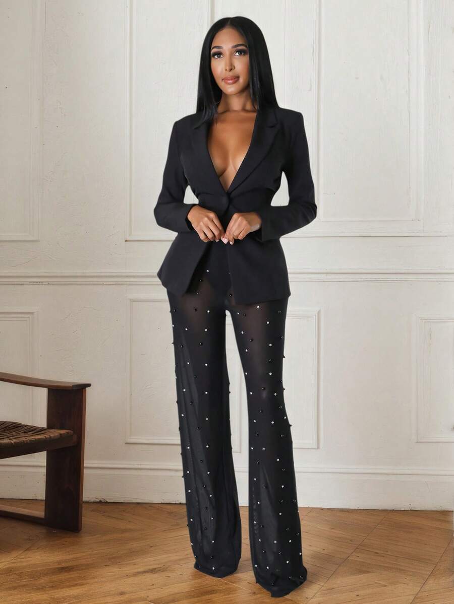 Women's Black Shawl Collar Blazer And Sheer Beaded Mesh Pants Suit Set With Buttons, Medium Stretch Regular Sleeve Formal Outfit,Black, White, Burgundy,Autumn/Winter Women's Christmas Set,Deep V-Neck Design,Evening Gown - Black - View 1