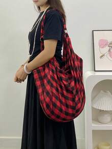 大容量可折叠格纹单肩包，个性化设计带拉链，女士斜挎包，休闲实用多用途手提包，适合工作、学习、旅行 - 彩色 - 查看 11