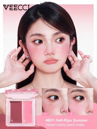 VEECCI Dual-Color Dual-Texture Cream Blush,Brightens Plump And Bouncy, Easy To Blend Long-Lasting,Blush Balm Buttery Blush, Great For Beginners