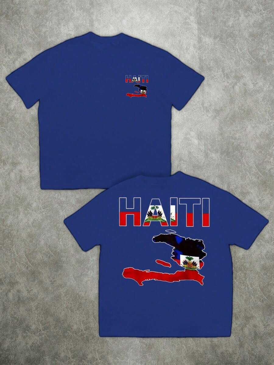 Haiti Map (1PC 220G Double Sided 100% Cotton Tee) Graphic Printe T Shirt Oversize Casual Tee