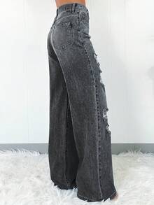 Women's Fashion Casual Distressed Comfortable Denim Long Pants Spring Black - Black - View 2