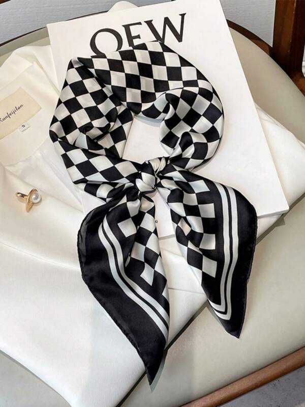 1 peça de cachecol quadrado de 70 cm com estampa xadrez simples de seda sintética, bandana masculina, cachecol de pescoço versátil, turbante