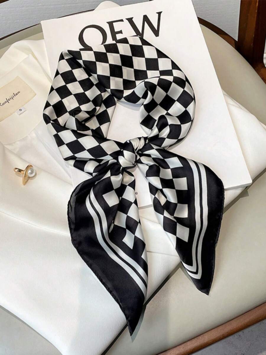 1pc Imitation Silk Simple Checkerboard Print 70cm Square Scarf, Men's Bandana, Versatile Neck Scarf, Head Wrap - Black Card Color - View 1