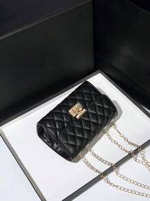 Metal Clasp Square Quilted Chain Flap Handbag - Black - View 6