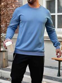 Chándal de hombre: pantalón de color liso y traje de manga larga, rayas,2 conjuntos de trajes deportivos para hombres, ropa de guardia y pantalones para hombres, ropa deportiva recreativa, ropa de otoño - Azul Marino - Ver 5