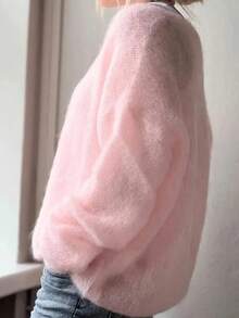 Women's Mohair Blend Sweater | Pastel Pink V-Neck Pullover For Autumn/Winter | Soft Drop Shoulder Knit Top, Suitable For Cool Weather And Everyday Wear, Cozy & Warm - Pink - View 3