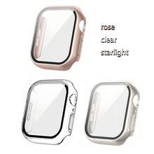 3 件装 3 合 1 钢化玻璃膜硬质 PC 保险杠外壳，适用于 Series 10 9 8 7 6 5 4，兼容 38mm/40mm/41mm/42mm/44mm/45mm/46mm/49mm i Watch 屏幕保护膜保护壳面罩，适用于女士男士，超薄保护，透明/黑色/玫瑰金 - 星光+玫瑰金+透明 - 查看 1