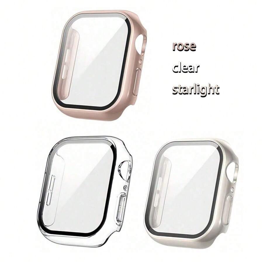 3 件装 3 合 1 钢化玻璃膜硬质 PC 保险杠外壳,适用于 Series 10 9 8 7 6 5 4,兼容 38mm/40mm/41mm/42mm/44mm/45mm/46mm/49mm i Watch 屏幕保护膜保护壳面罩,适用于女士男士,超薄保护,透明/黑色/玫瑰金 - 星光+玫瑰金+透明 - 查看 1