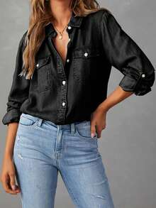 Women Denim Shirts Solid Color Turn Down Collar Long Sleeve Jean Blouses Spring Loose Casual Tops Streetwear Vestidos Casuales - Black - View 4