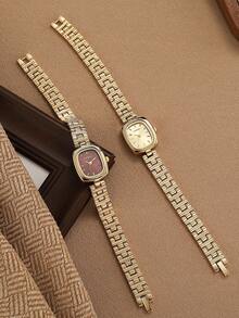 LIANDU LIANDU 1 Piece Square Dial Women's Watch, Vintage, Elegant And Simple Style, Studded Numerals Dial Inlay Decoration, Stainless Steel Detachable Strap Perfect For Everyday Wear, Birthday Gifts, Parties, Holiday Gatherings, And As The Ideal Gift For Yourself Or Friends - 金色 - 查看 2