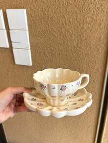 1 Set Taza y platillo de cerámica con flores silvestres románticas de primavera, Taza y platillo de café con flores frescas de verano, Taza de arte de latte ondulado, Plato de postre lindo, Plato para dulces, Ideal para reuniones al aire libre, picnics, decoración de cafés