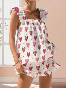 Womens Casual 2 Piece Outfits Sleeveless Graphic Print Ruffle Tank Tops + Shorts Set Streetwear - trắng - Xem 2