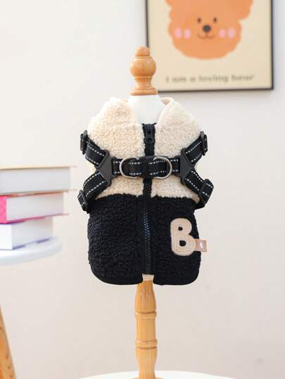 1pc Pet Clothes, Dog/Cat Apparel, Small Dog Puppy Cute Pet Clothes, Dog Outfit, Small Dog Autumn/Winter Warm Comfortable Fleece Patchwork Harness Vest - Black & White