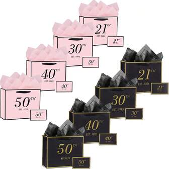 1 Set/2 Sets/5 Sets, Pink 21th/30th/40th/50th Birthday Gift Bags With Greeting Cards And Tissue Paper, Suitable For Men And Women, 2004/1995/1985/1975 21th/30th/40th/50th Elegant Black And Gold Anniversary Party Gift Shopping Paper Bags For Gift Wrapping, Gift Giving