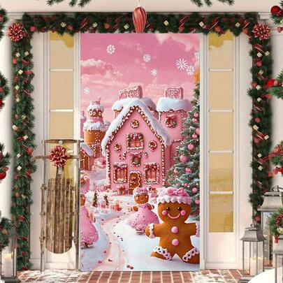 2D Door Banner, 1pc Holiday Gingerbread Village Christmas Door Banner - Snowflake Pink Houses With Decorated Trees And Gingerbread Men, Durable Polyester - Ideal For Indoor/Outdoor Holiday Decor, Christmas Party Backdrop And Winter Photography Background, Gingerbread Christmas Decor, Perfect For Christmas