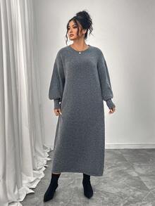 Women's Solid Color Round Neck Drop Shoulder Long Sleeve Maxi Casual Sweater Dress, Suitable For Daily Wear, Autumn/Winter