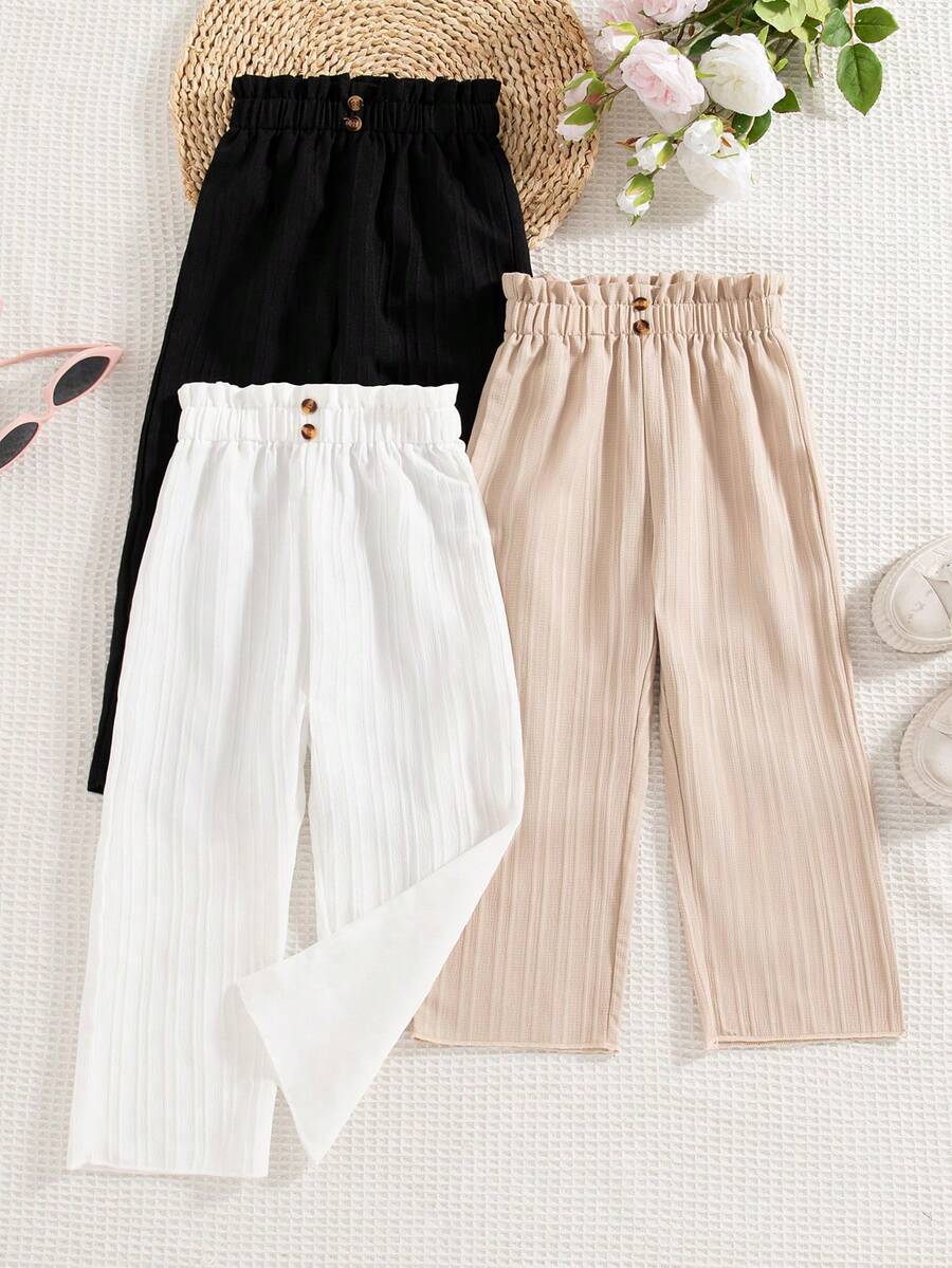 3pcs Girls Casual Solid Color Elastic Waist Pants With Faux Buttons, Regular Fit, Spring & Autumn - Multicolor - View 1