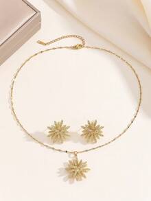 1 Set Stainless Steel Snowflake Necklace & Earrings, Versatile Luxury Rhinestone Personalized Banquet Jewelry Set, Gift, No Gift Box - Gold - View 4