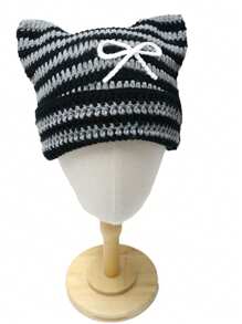 1 件女士手工条纹针织猫耳设计帽子，韩国 Y2k 风格街头潮流帽子可爱冬季秋季